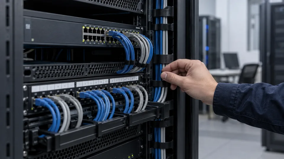 Uporządkowane połączenia sieciowe w szafie rack